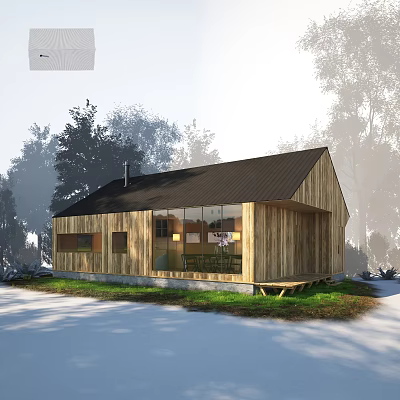 Wooden Villa Balcony With Black Roof Large Windows And Green Grass Surrounded By Trees 3d model