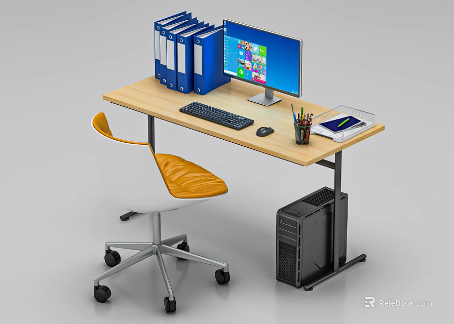 Wooden Desk and Chair Set for Home Office with Computer Monitor Blue Folders and Notebook 3d model 