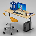 Wooden Desk and Chair Set for Home Office with Computer Monitor Blue Folders and Notebook