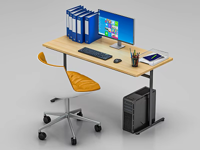 Wooden Desk and Chair Set for Home Office with Computer Monitor Blue Folders and Notebook 3d model