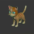 Orange Striped Kitten Toy With Big Green Eyes Standing On Dark Background With Reflection