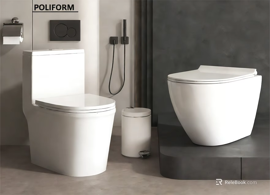 Modern White Toilets In Contemporary Bathroom With Wall Mounted Controls And Trash Bin 3d model 