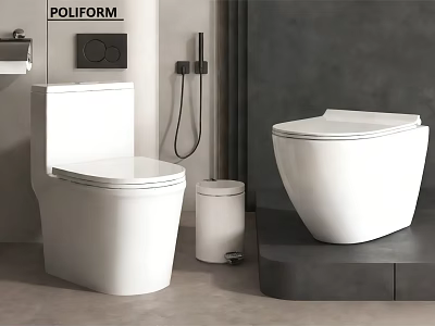 Modern White Toilets In Contemporary Bathroom With Wall Mounted Controls And Trash Bin 3d model