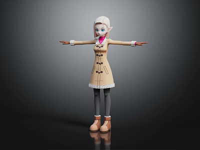Elf Character With White Hair Beige Trench Coat Pink Inner And Arms Outstretched 3d model