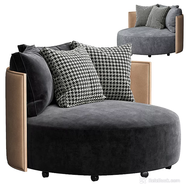 Modern Grey Velvet Single Sofa With Houndstooth Pillows And Beige Armrests Design 3d model