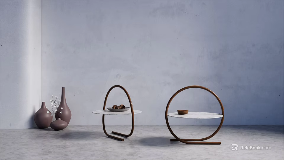 Stylish Coffee Tables Featuring Circular Wooden Frames White Tabletops And Decorative Vases 3d model 