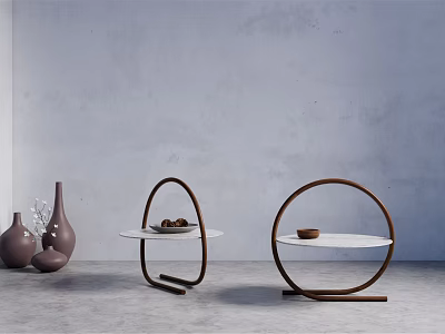 Stylish Coffee Tables Featuring Circular Wooden Frames White Tabletops And Decorative Vases 3d model