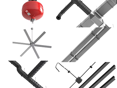 Ceiling Components Including Fire Sprinkler Pipes Fan And Metal Brackets 3d model