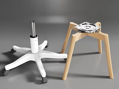 White Five Star Chair Base With Wheels And Wooden Three Legged Stand With Metal Components 3d model