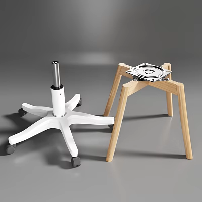 White Five Star Chair Base With Wheels And Wooden Three Legged Stand With Metal Components 3d model