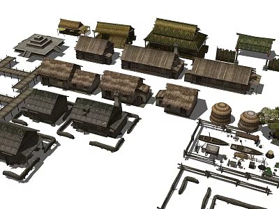 New Chinese Style Thatched House Rural Thatched House Bamboo House Wooden House Granary Wooden Boat 3d model