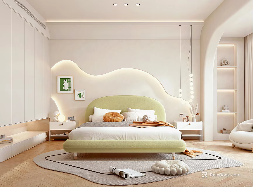 Modern Bedroom Interior Design with Light Green Bed White Walls Soft Lighting And Area Rug 3d model 