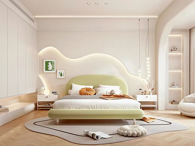 Modern Bedroom Interior Design with Light Green Bed White Walls Soft Lighting And Area Rug 3d model