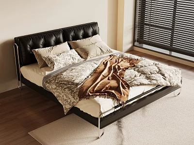 Modern Double Bed With Black Leather Headboard Decorative Pillows And Brown Throw Blanket 3d model