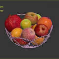 Fresh Mixed Fruits in Metal Basket Including Pomegranate Apples Lemons and Oranges