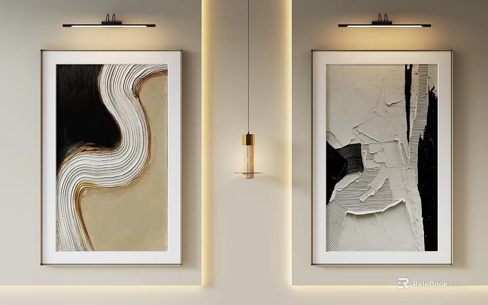 Abstract Textured Oil Paintings With White Frames And Modern Interior Lighting 3d model