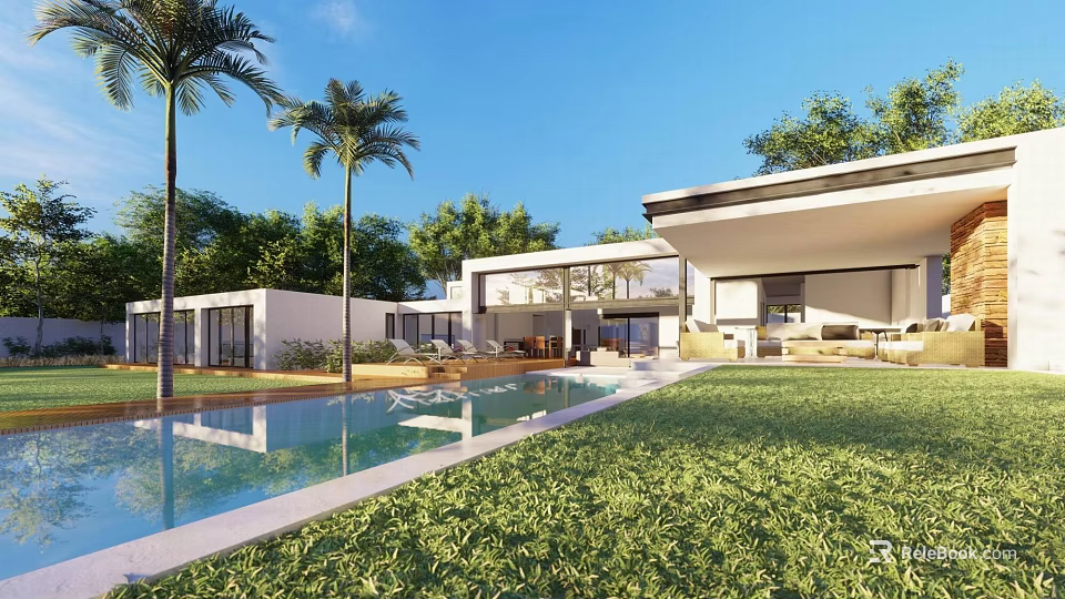 Modern Detached Villa With Swimming Pool Lush Green Lawn Palm Trees And Spacious Outdoor Space 3d model 