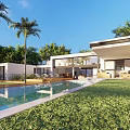 Modern Detached Villa With Swimming Pool Lush Green Lawn Palm Trees And Spacious Outdoor Space