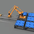 Industrial Equipment Robotic Arm With Conveyor Belt Handling Packages On Blue Pallets