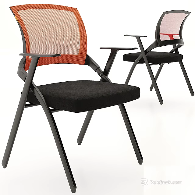 Modern Comfortable Leisure Chair with Black Frame Orange Mesh Backrest and Black Cushion 3d model 