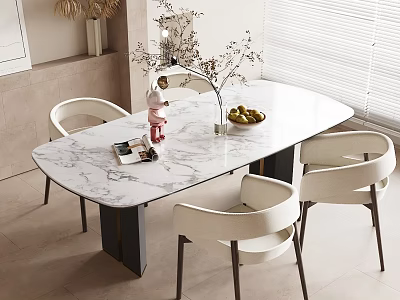 Elegant Oval Dining Table Set With Marble Top White Chairs Flower Vase And Fruit Bowl 3d model