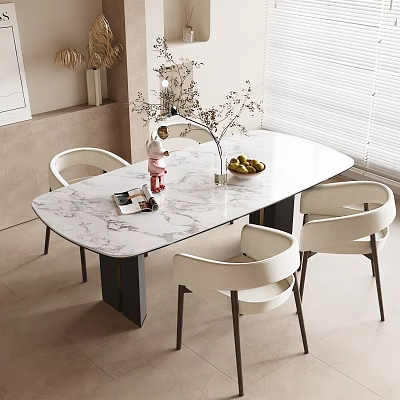 Elegant Oval Dining Table Set With Marble Top White Chairs Flower Vase And Fruit Bowl 3d model