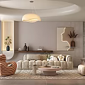 Modern Living And Dining Room Interior With Striped Armchair Round Coffee Table And Pendant Light