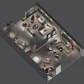 Modern Interior Showroom Featuring Leather Sofa Armchair Bookshelves And Pendant Lights