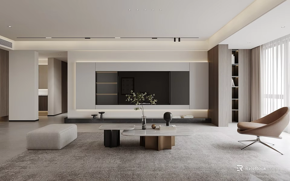 Modern Living And Dining Room Interior Design With Coffee Table TV Unit And Potted Plant 3d model 