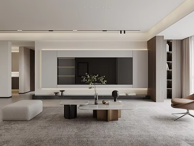 Modern Living And Dining Room Interior Design With Coffee Table TV Unit And Potted Plant 3d model