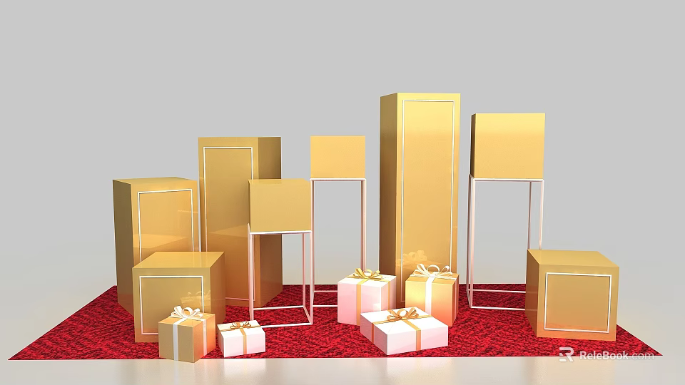 Golden Commercial Equipment With Various Sizes Shapes Stands Red Carpet Gift Boxes And White Ribbons 3d model 