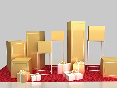 Golden Commercial Equipment With Various Sizes Shapes Stands Red Carpet Gift Boxes And White Ribbons 3d model