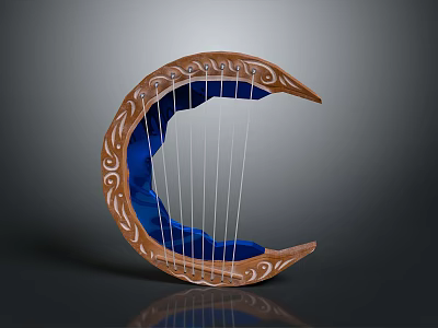 Crescent Shaped Wooden Decorative Household Item With Carved Patterns Blue Interior And Strings 3d model
