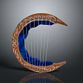 Crescent Shaped Wooden Decorative Household Item With Carved Patterns Blue Interior And Strings