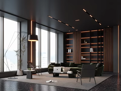 Modern Luxurious Living Room With Large Windows Dark Wooden Bookshelves Green Sofa And Floor Lamp 3d model