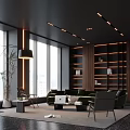 Modern Luxurious Living Room With Large Windows Dark Wooden Bookshelves Green Sofa And Floor Lamp