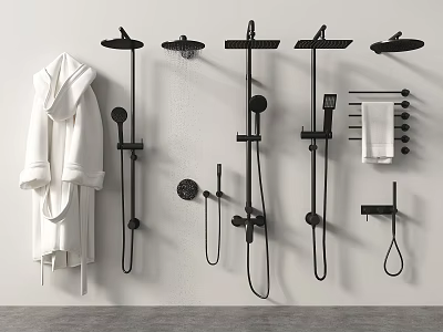 Modern Black Shower Heads Display With White Bathrobe And Towel Rack 3d model