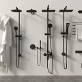 Modern Black Shower Heads Display With White Bathrobe And Towel Rack