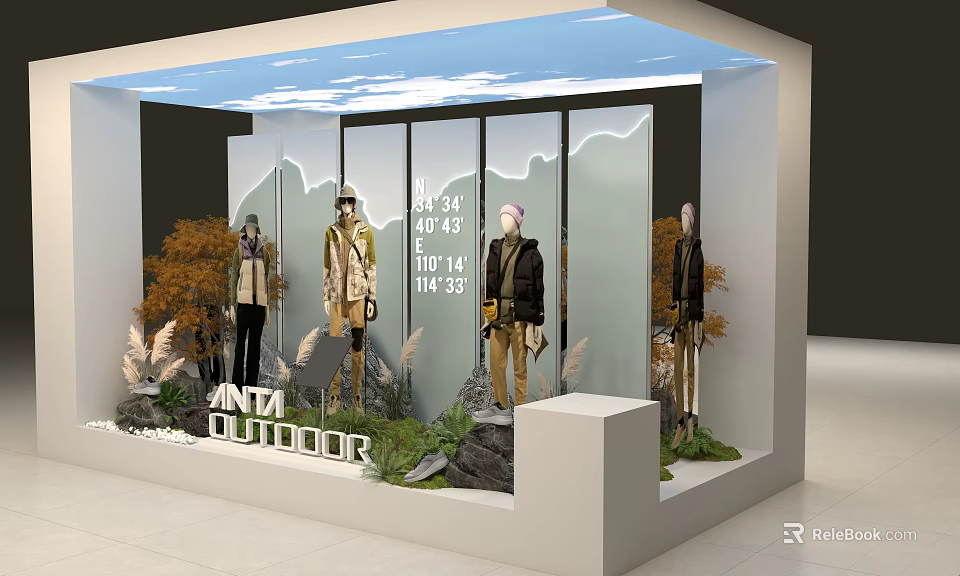 Anti Outdoor Clothing Store Window Display With Mannequins Mountain Backdrop Price Tags And Plants 3d model 