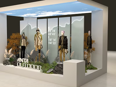 Anti Outdoor Clothing Store Window Display With Mannequins Mountain Backdrop Price Tags And Plants 3d model