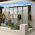 Anti Outdoor Clothing Store Window Display With Mannequins Mountain Backdrop Price Tags And Plants