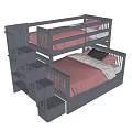 Bunk Bed With Gray Frame Pink Bedspread White Sheets Safety Rails And Storage Stairs