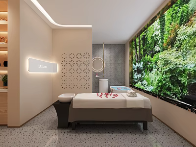 Modern Beauty Salon Interior Design With Green Plant Wall And Massage Bed 3d model