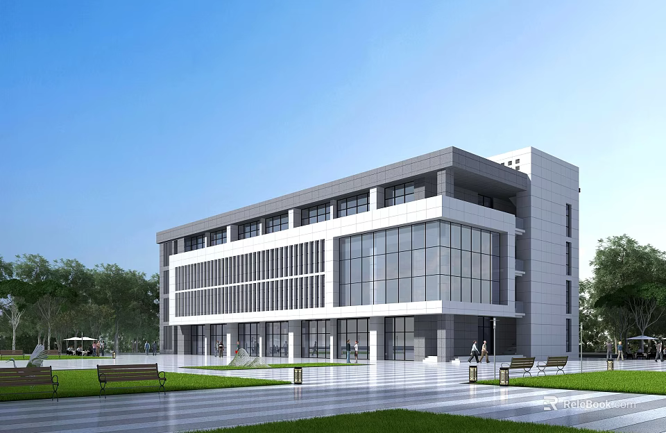 Modern Multi Story Office Building With Glass Curtain Walls Gray Exterior And Green Lawn Trees 3d model 