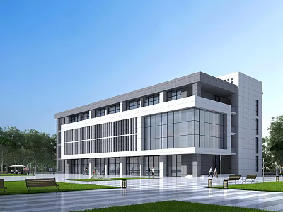 Modern Multi Story Office Building With Glass Curtain Walls Gray Exterior And Green Lawn Trees 3d model