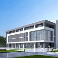 Modern Multi Story Office Building With Glass Curtain Walls Gray Exterior And Green Lawn Trees