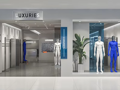 Luxury Clothing Store Window Display With White Mannequins Wearing Blue Outfits And Clothing Racks 3d model