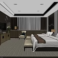 Hotel Guest Room With Two Double Beds Flat Screen TV Table Lamps And Cozy Armchair