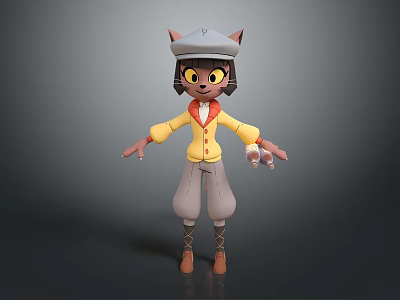 3D Game Movie Character With Cat Ears Wearing Hat Yellow Coat Red Collar Gray Pants 3d model