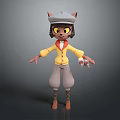 3D Game Movie Character With Cat Ears Wearing Hat Yellow Coat Red Collar Gray Pants